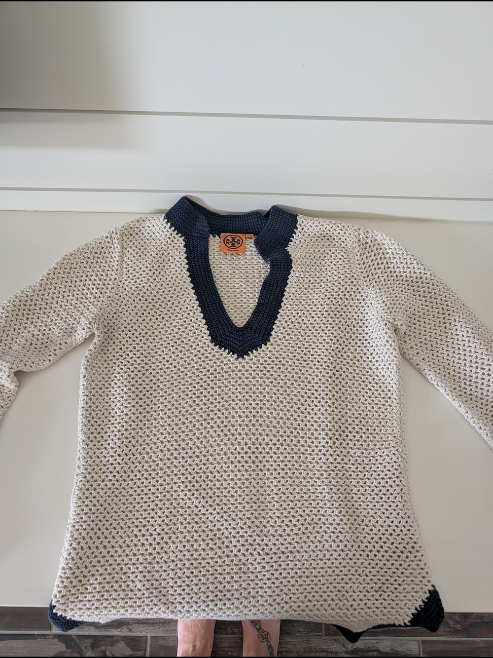 Tory Burch mercerized crochet tunic navy ivory size S long sleeve sweater $398